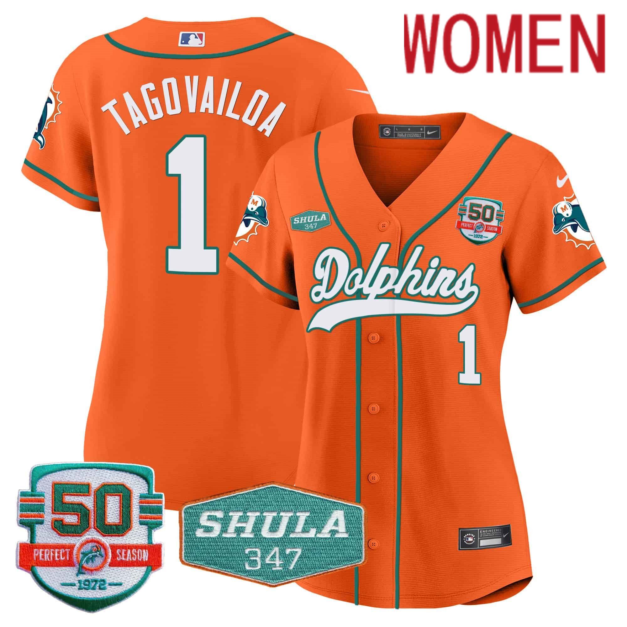 Women Miami Dolphins 1 Tagovailoa Orange 2024 Nike 50th Don Shula Memorial Patch Baseball NFL Jersey